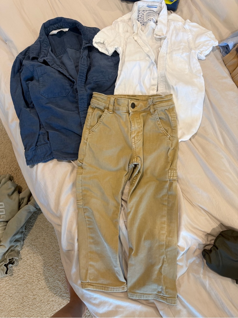 H&M Navy Shirt, White Button-Up Top & Tan Pants Kids Outfit